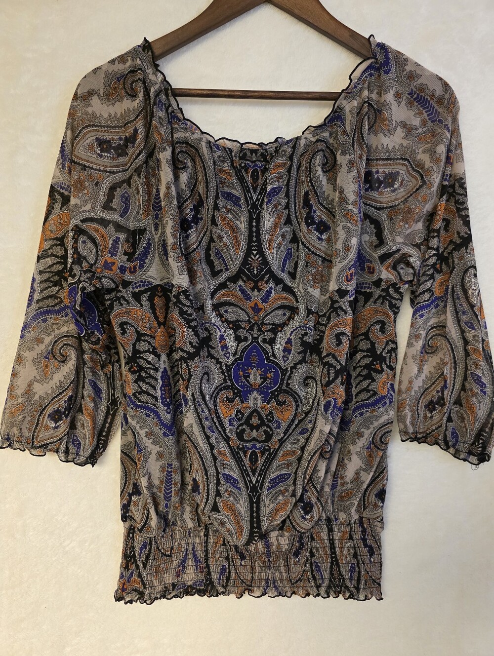 INC Ruffle Scoop Neck Black Paisley Peasant Blouse with Blue and Tan Details L.